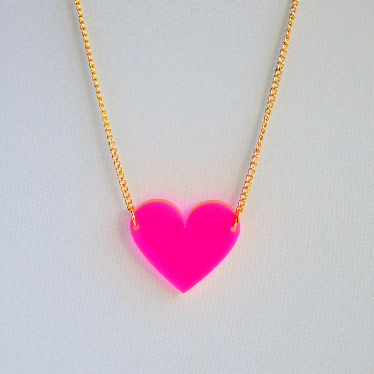 Bright Fluorescent Neon Pink Laser Cut Heart Pendant On Delicate Curb Chain // Statement Necklace