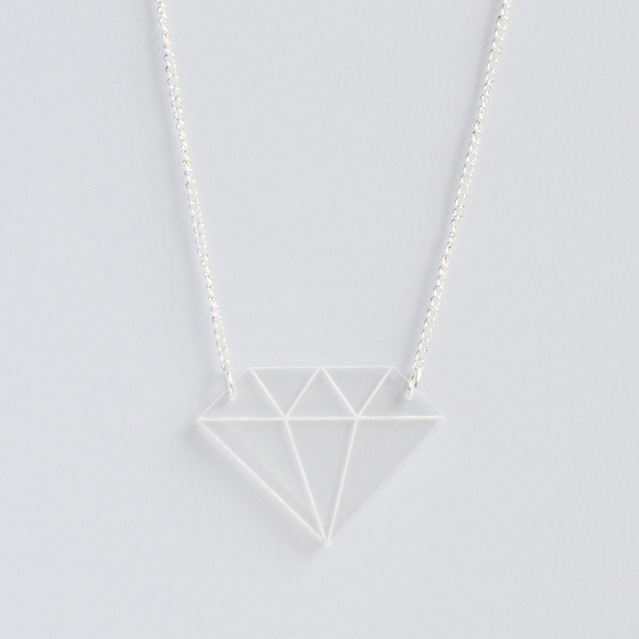 Clear Laser Cut Acrylic Diamond Pendant Necklace On Delicate Curb Chain